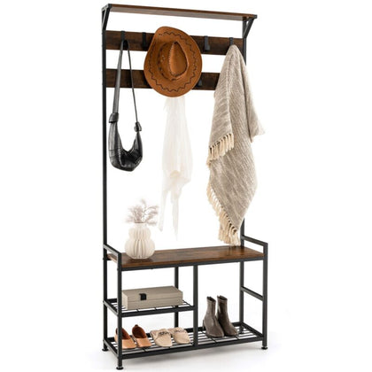 Coat Rack Stand 4-in-1 Industrial Shoe Bench Storage Shelf W/ 9 Removable Hooks