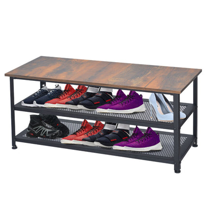 3-Tier Shoe Rack Bench Industrial Style Metal Wooden Shoe Storage Bench & Seat