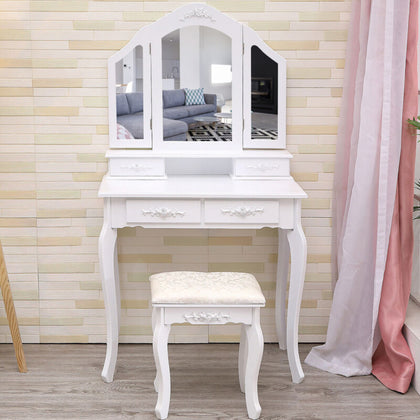 Dressing Table Bedroom 4 Drawer Storage Vanity Desk Trifold Mirror with Stool