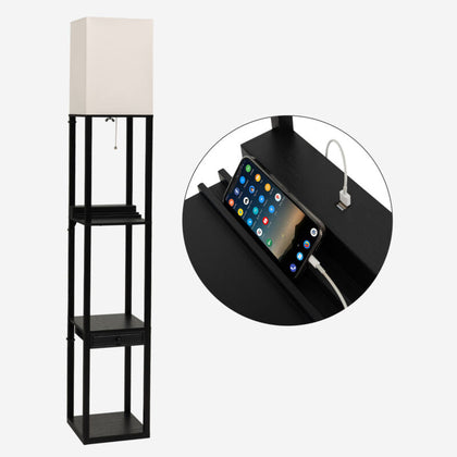 Modern Floor Lamp Bedroom Standing Shelf Light w/ USB Port & 3 Storage Shelves