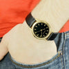 Mens Gents Watch Classic Gold Plated Black Leather Strap & Black Dial