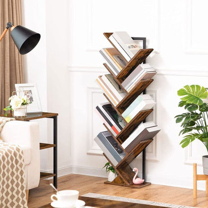 Tree Bookshelf Tall 9-Tier Floor Standing Book Shelf Bookcase Metal Frame
