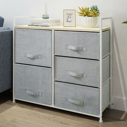 Fabric Bedside Cabinet Metal Frame Storage Unit Chest Of 5 Drawer with Drawers