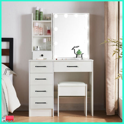 Dressing Table With Led Mirror, Drawers Vanity Table Makeup Desk Stool Set White