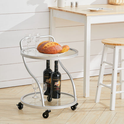 2 Tier Glass Drinks Trolley Dining Tea Serving Cart Bar Wine Rack Glass Shelving