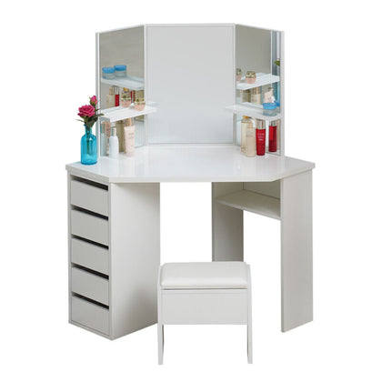 Wood Corner Dressing Table Makeup Desk Bedroom Furniture Gift White 5 Drawer