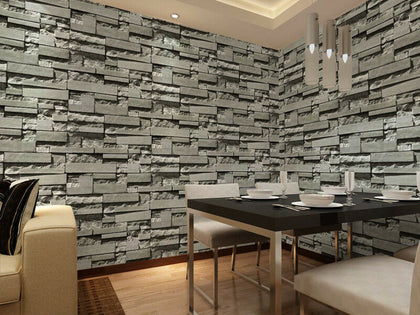 3D Effect Grey Brick Block Non woven Wall Papers Living Room Decor uk