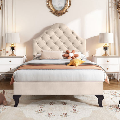 Velvet Upholstered Bed Single Size Bed 3FT with Headboard for Kids Teens Beige