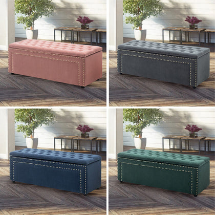 Velvet Upholstered Bench Storage Ottoman Bedroom Tufted Button Seat Blanket Box