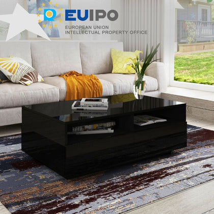 Modern High Gloss Rectangle Coffee Tea Table Solid with 4 Storage Drawers Shelf