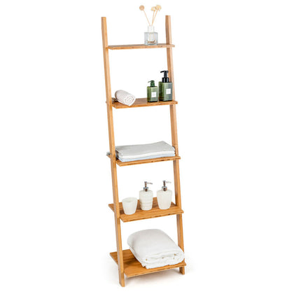 5-Tier Bamboo Ladder Shelf Space-saving Wall Mount Ladder Bookcase Display Rack