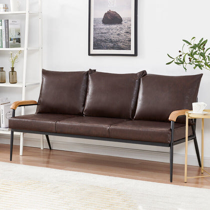 Brown Faux Leather Sofa 3 Seaters Armchair Metal Legs Couches Living Room Modern
