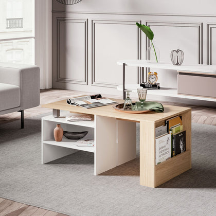Modern Coffee Table Adjustable Tea Table w/Storage Living Room Home White & Oak