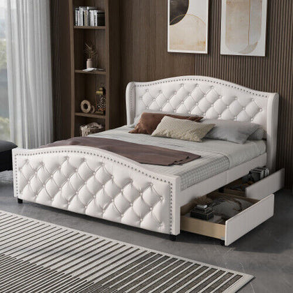 Upholstered Bed Double Size 4ft6 Bed Frame PU Leather with Storage Drawers QW