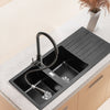 Black Kitchen Sink 2 Bowl Quartz Stone Washing Catering Sink W/ Right Drain Tray