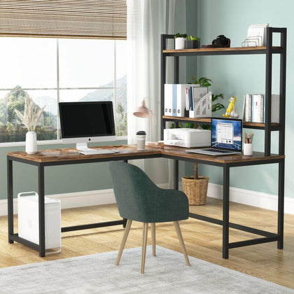 Industrial Corner Computer Desk w/ 2-Tier Bookcase for Home Office Study Writing