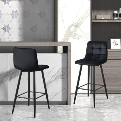 Pair of Bar Stools Upholstered Bar Chair Velvet Black Chair Modern Metal Legs