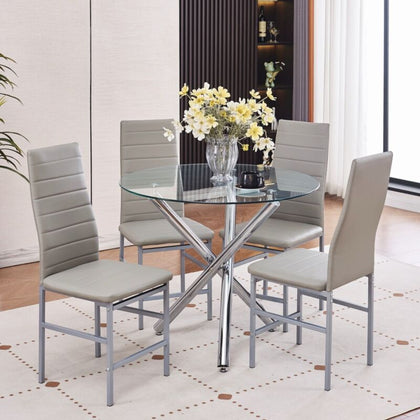 4x Grey Faux Leather Dining Chairs Round Tempered Glass Silver Leg Dining Table