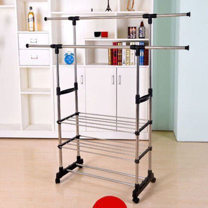 Heavy Duty Double Garment Hanging Stand Clothes Rail Rack W/Shoe Storage Shelves
