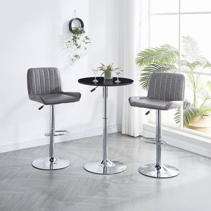 Chromed Base Round Black MDF Silver Base Bar Table&2x Grey PU Leather Bar Stools