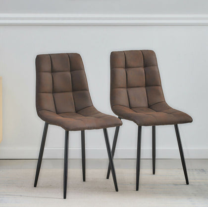Pair of Brown Faux Leather Dining Chairs Kitchen Padded Soft Seat Metal Leg