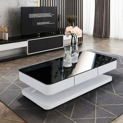 High Gloss Black&White Glass Coffee Table with 2 Drawers End Table Living Room