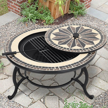 2-in-1 Outdoor Mosaic Fire Pit BBQ Grill Table Stove Patio Heater Firepit Burner