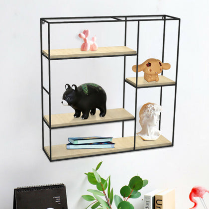 4 Tier Square Wall Storage Unit Retro Wooden Industrial Style Metal Shelf Rack