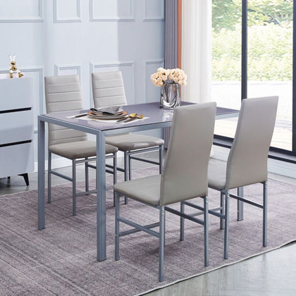 Set of 4x Grey Faux Leather Dining Chairs with Grey Tempered Glass Dining Table