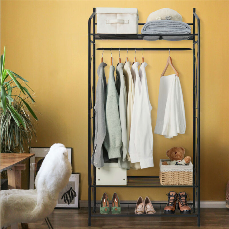 Classic Black Clothes Rail Metal Garment Rack Coat Stand with Top Storage Shelf