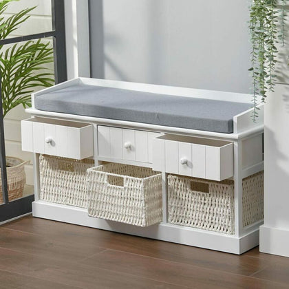 Wood Storage Bench with Drawers Removable Baskets Shoe Stand Padded Seat Cabinet