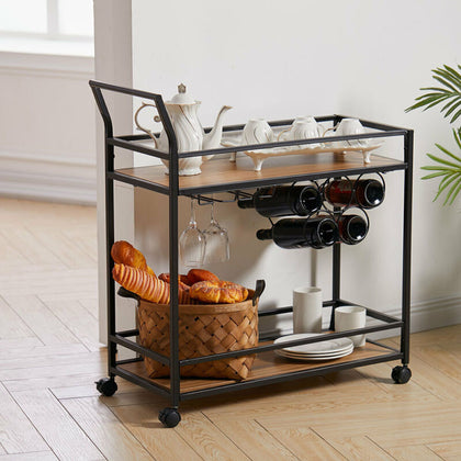 Rolling Serving Trolley Beverage Bar 2Tier Drinks Cart Wood Shelf Glass WineRack