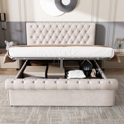 KING SIZE Ottoman Gas Lift Storage Bed Velvet Upholstered Bed Frame Beige QZ