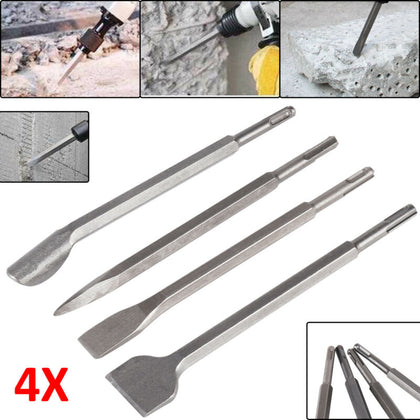 4 PIECES SDS CHISEL SET FOR HAMMER DRILL FLAT POINTED GROOVE GOUGE 250mm MASONRY