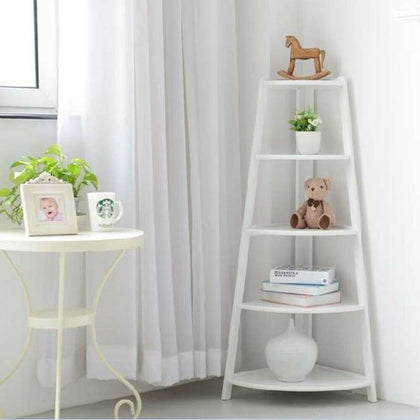 White Wood 5 Tier Ladder Corner Shelving Display Storage Unit Bathroom Bedroom
