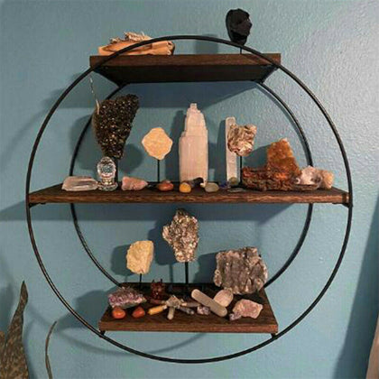 Antique Ring Wood Floating Shelves Wall Display Shelf w/ Heavy Duty Metal Frame
