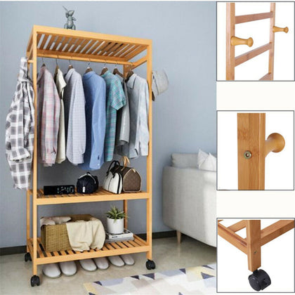 Heavy Duty Hallway Wooden Rail Clothes Hanging Garment Rack w/ Strengthened Rods