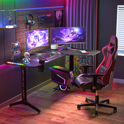 L-Shape Corner Gaming Desk Computer PC Workstation Writing Table with LED Lights