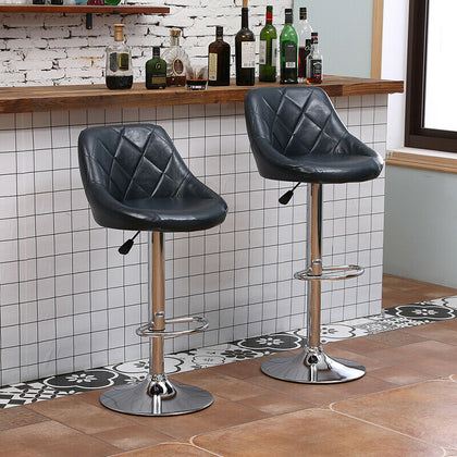 Set of 2 Glossy Blue Bar Stools Faux Leather Chrome Base Gas Lift Swivel Kitchen