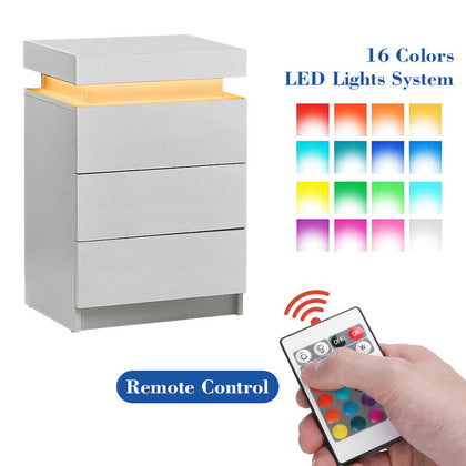 White High Gloss Bedside Table Cabinet LED Side End Table LED Living Room