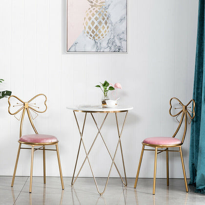 2PCS Pink Velvet Chairs Folding Dressing Vanity Makeup Stools Seats Bow Backrest