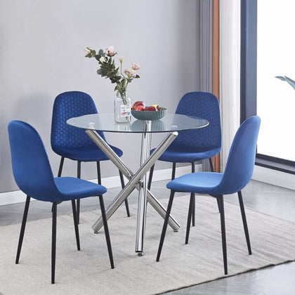 4x Blue Velvet Dining Chairs Round Glass Dining Table Silver Legs Dining Set