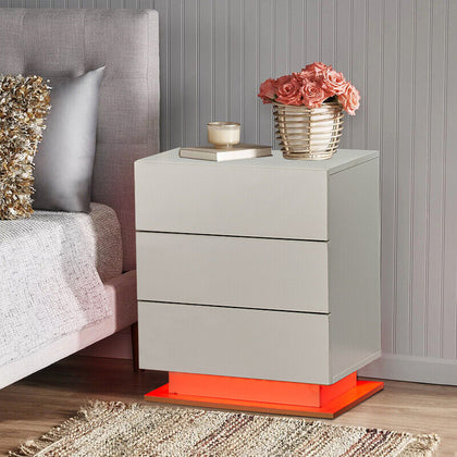 High Gloss Bedside Table Cabinets Chest of 3 Drawers Nightstand LED Light White