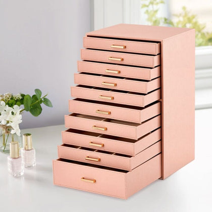 10 Layers Jewellery Boxes Storage Case Drawer Cabinet Necklace Organizer Pink