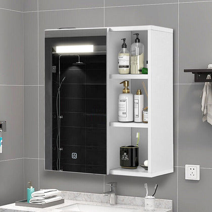 Wood Bathroom Cabinet LED Mirror Touch 5 shelf 1 Door Staorage Wall Mounted