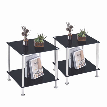 2pcs Square Black Tempered Glass Side End Table Bedside Table with Storage Shelf