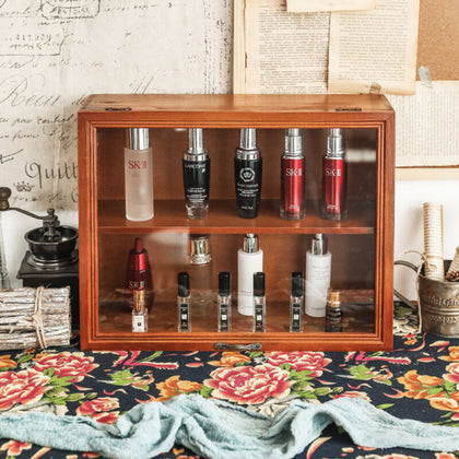 Desktop Makeup Storage Display Cabinet 2 Tier Wooden Shelf Box with Clear Door