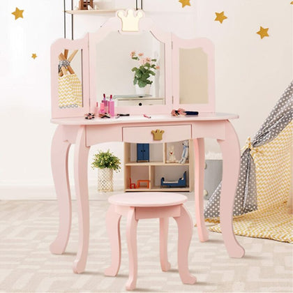 2 in 1 Kids Vanity Makeup Dressing Table & Chair Set W/ Tri-fold Mirror & Drawer