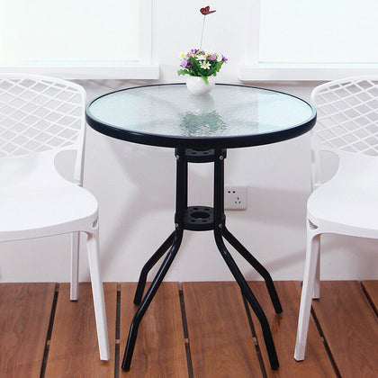 Black Metal Frame Round Bistro Table w/ Glass Tabletop Outdoor Dining Furniture