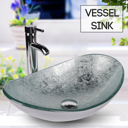Bathroom Countertop Basin Sink Wash Bowl Art Tempered Glass Tap Pop-up Waste Set